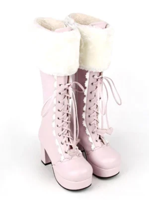 Pair of sweet pink lolita mid-calf boots side view showing white fuzzy collar, block platform heel, and lace-up styling against plain white background