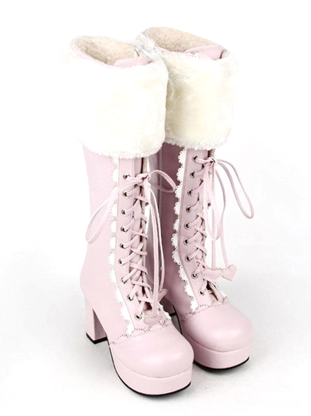 Pair of sweet pink lolita mid-calf boots side view showing white fuzzy collar, block platform heel, and lace-up styling against plain white background