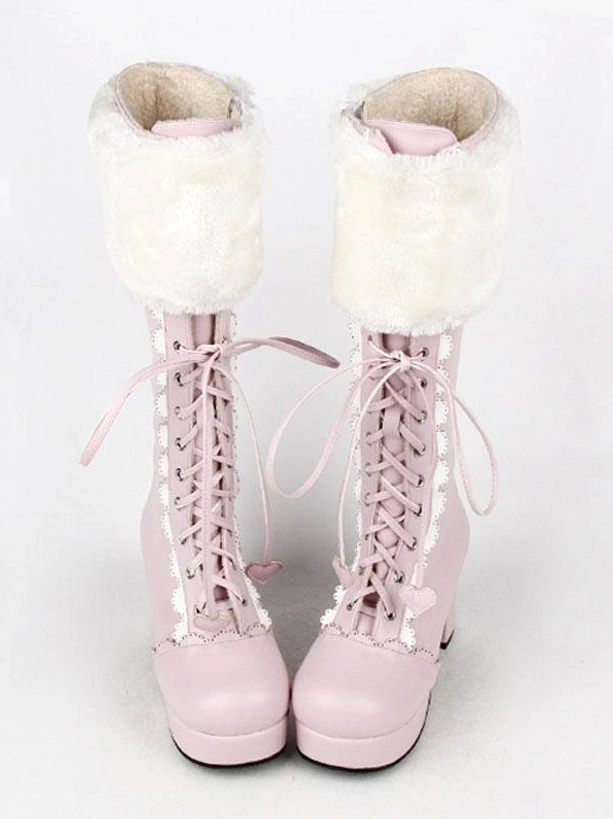 Top-down front view of sweet pink lolita boots featuring white fluffy cuff, front lace-up detailing, rounded toe design on white background