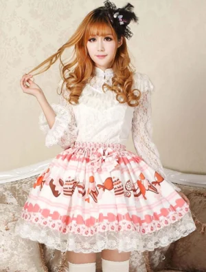 Sweet pink lolita cake ice cream print skirt with white lace trim front full-body view vintage sofa setting