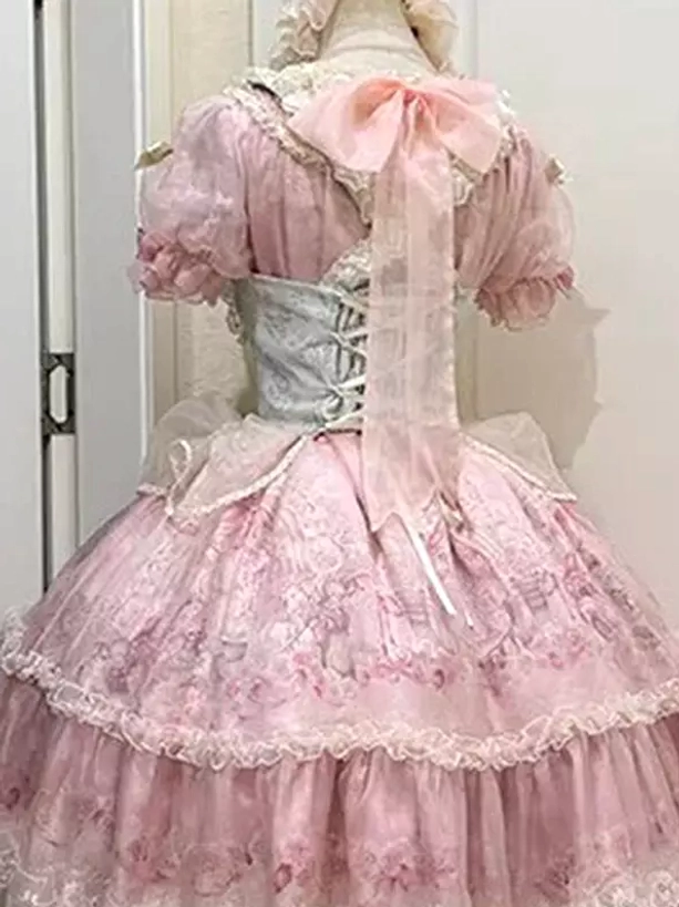 Sweet lolita dress back view large pink bow lace-up corset back puff short sleeves on mannequin