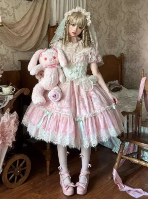 Sweet pink lolita dress with mint green bows full front view on model holding plush toy vintage bedroom scene