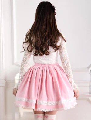 pink lolita flared skirt gathered pleats white lace hem trim back full view model long hair