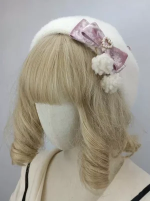 Sweet Rococo Lolita beret hat white fluffy with pink velvet bow and pearl ornament pom-pom headdress left front view