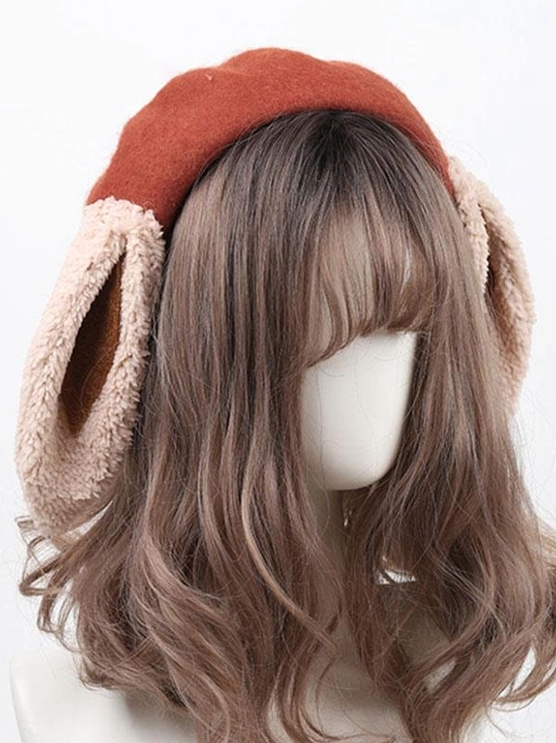 Sweet Rococo rabbit ear lolita beret hat front view with brick red felt body and beige fluffy ears on mannequin