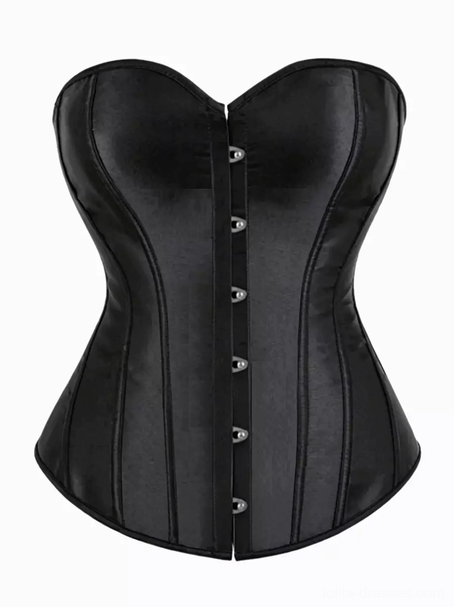 Black sweetheart strapless satin overbust corset with heart-shaped neckline, front buttons, and lace-up back support