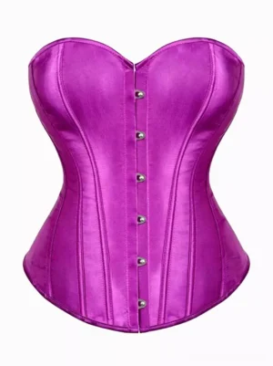 Bright purple sweetheart strapless satin overbust corset with heart neckline and decorative front buttons, flat lay view