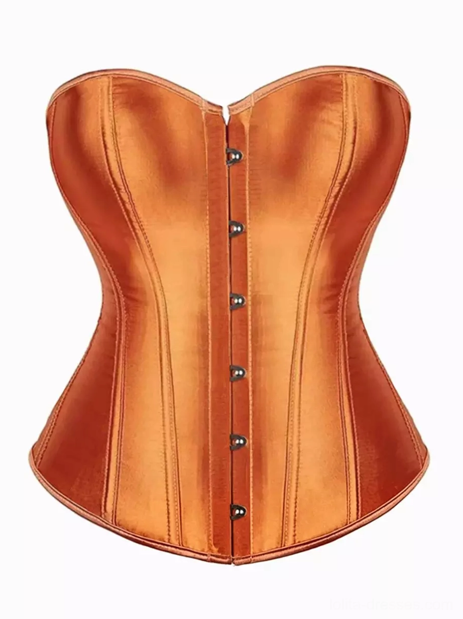 Burnt orange sweetheart strapless satin overbust corset with structured silhouette and premium satin fabric