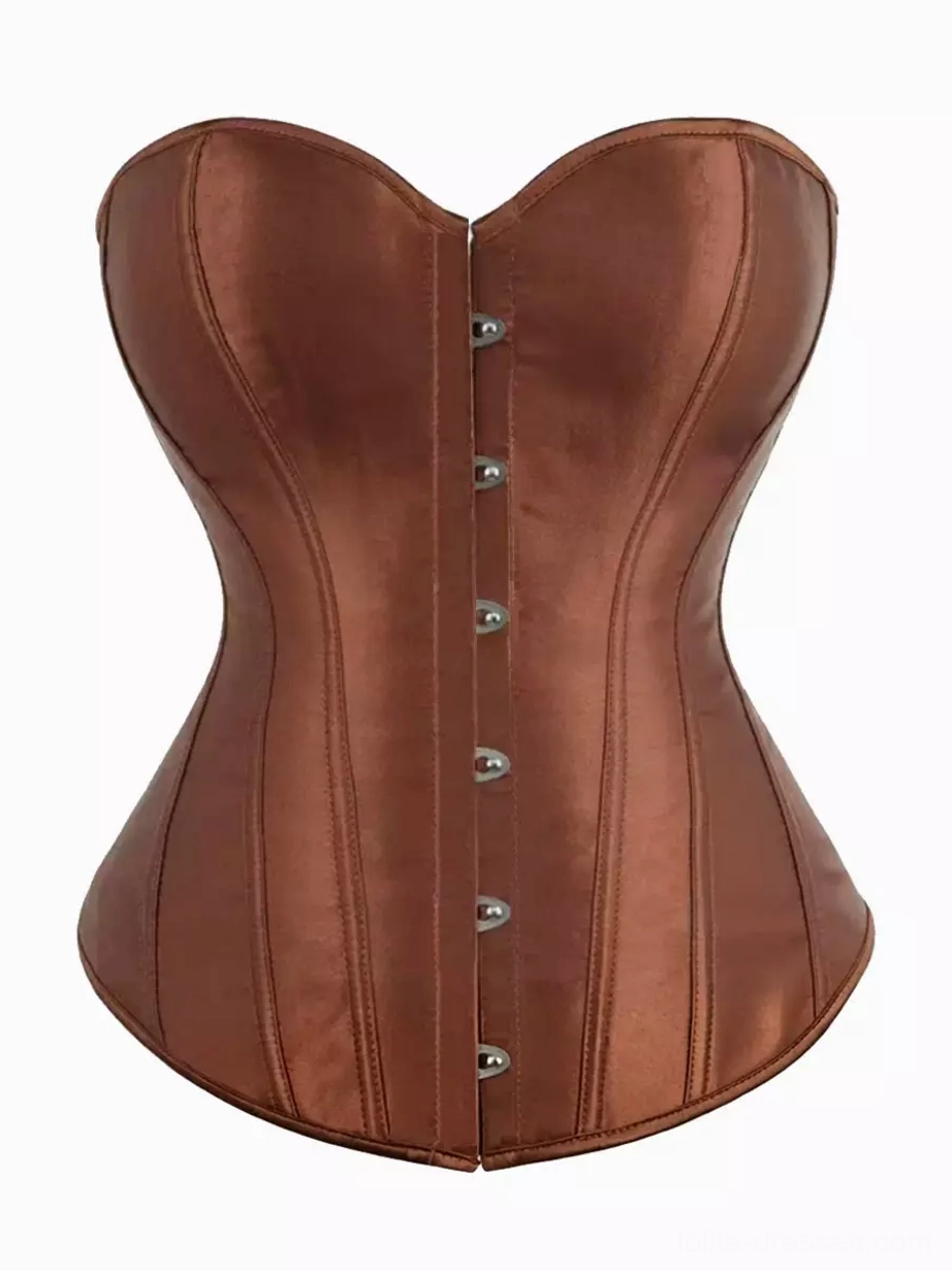 Sweetheart strapless satin overbust corset detail shot showing front metal button construction and luxurious fabric texture