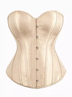 Champagne beige sweetheart strapless satin overbust corset with heart-shaped neckline and front metal buttons, flat lay display