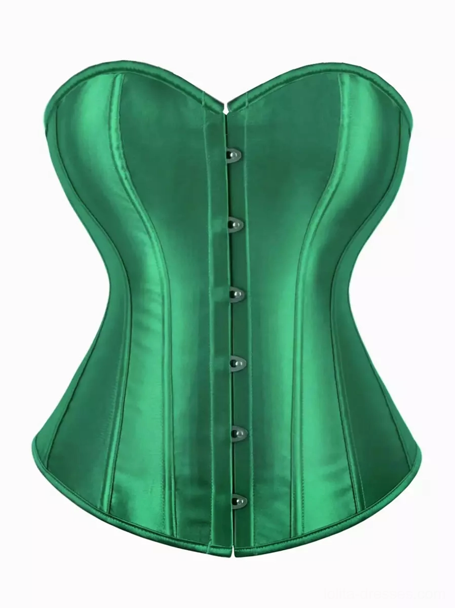 Emerald green sweetheart strapless satin overbust corset featuring structured boning and metal button closure