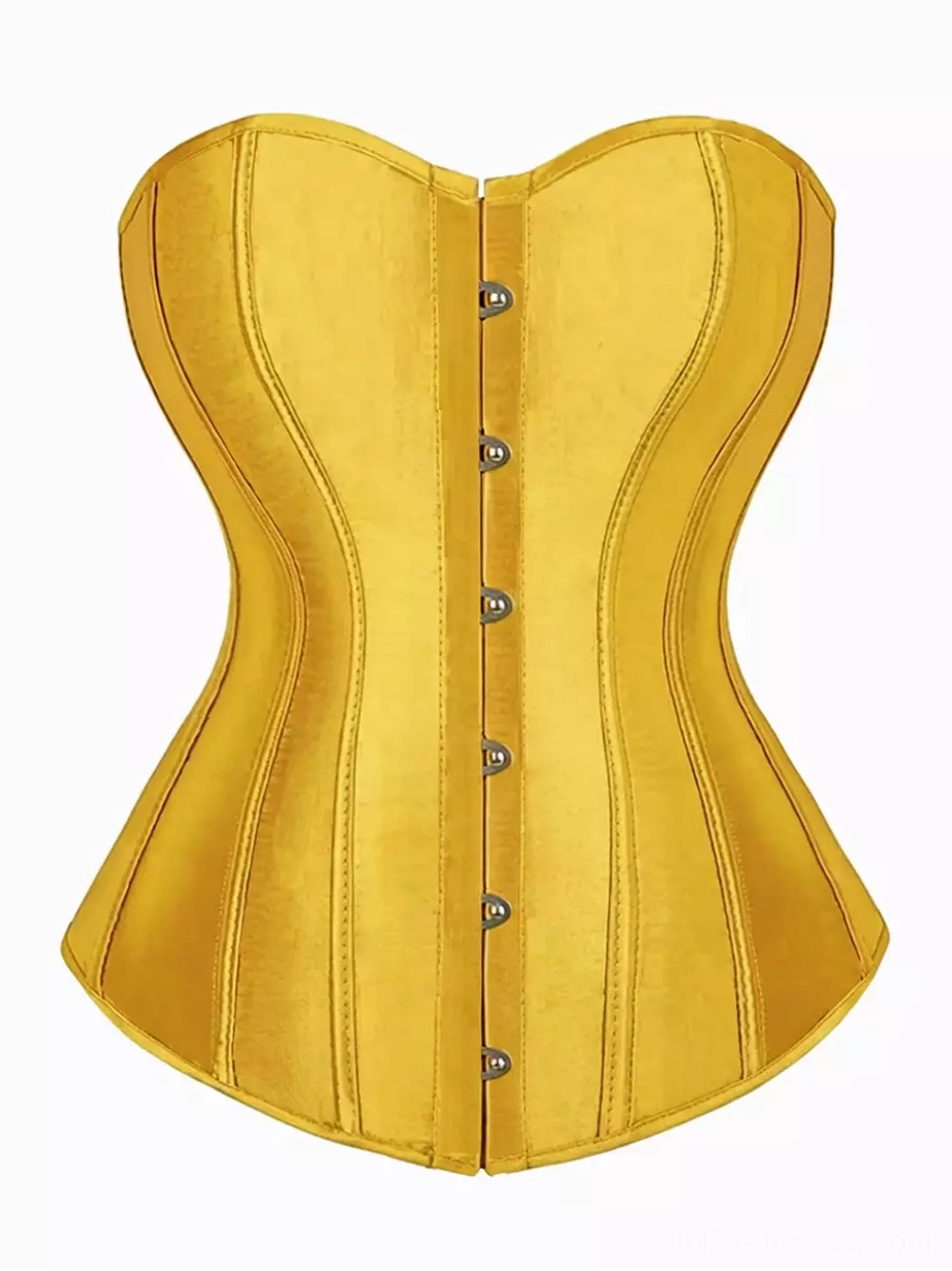 Golden yellow sweetheart strapless satin overbust corset with heart-shaped neckline and lace-up back closure