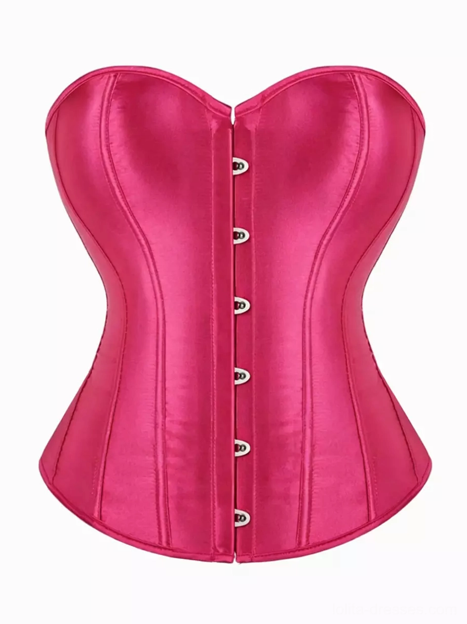 Hot pink sweetheart strapless satin overbust corset with luxurious satin finish and romantic neckline design