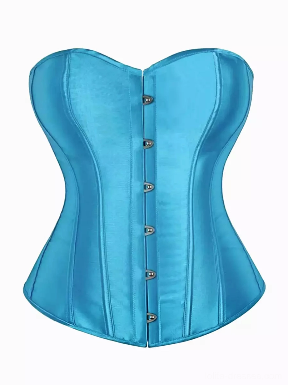 Sky blue sweetheart strapless satin overbust corset featuring iconic heart neckline and elegant button closure
