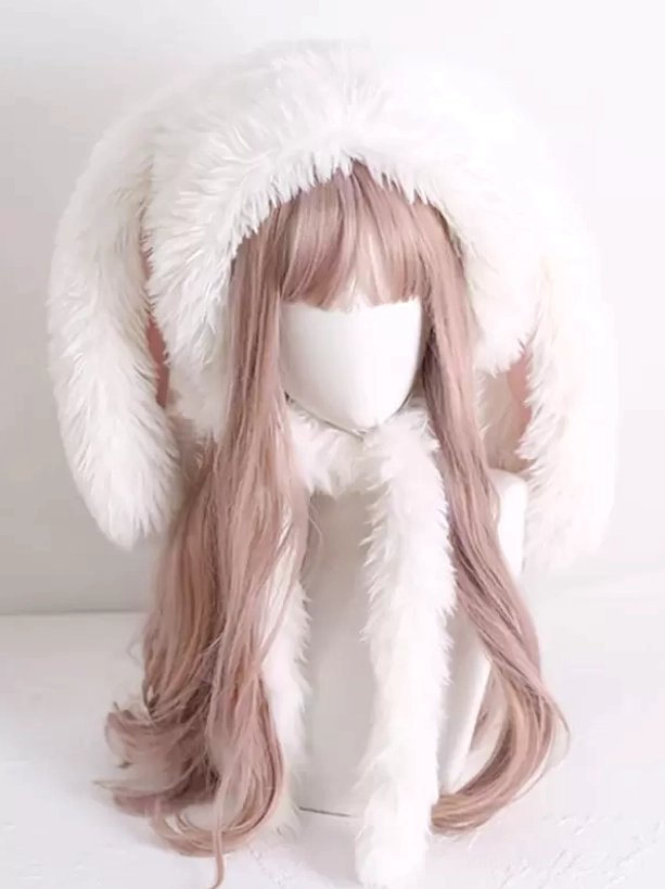 Direct front view of sweet lolita rabbit ear hat with symmetric oversized fluffy white ears, pink inner details, front fur scarf trim, perfect for tea party coordination