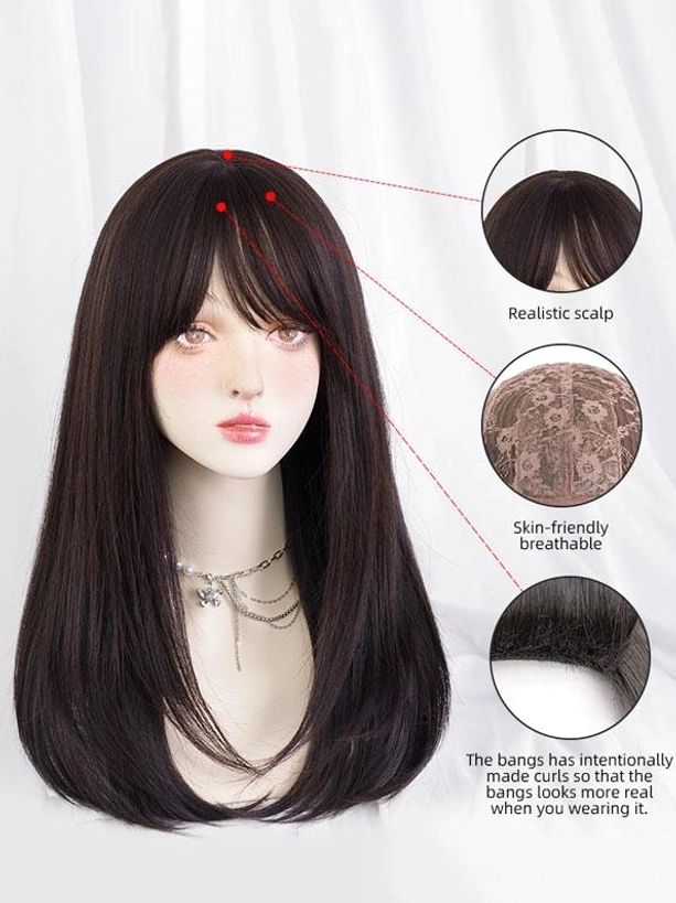 Brownish black lolita wig front view with realistic scalp design breathable wig net and naturally curled air bangs worn with choker accessory