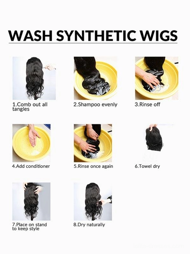 Eight-step Lolita wig care and washing guide, detailed flat layout demonstration, hands showing washing, conditioning, rinsing, and air drying procedures for synthetic fiber maintenance