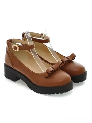 Tan brown lolita ankle strap pumps matching bow adjustable ankle strap academic style pumps