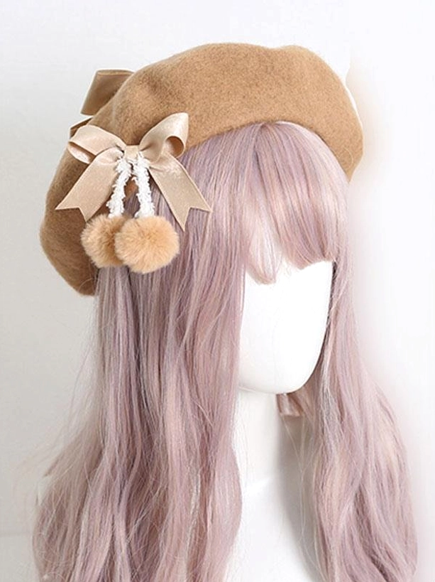 Tan brown lolita beret accessory with matching satin ribbon bows and coordinating fuzzy pom-pom details