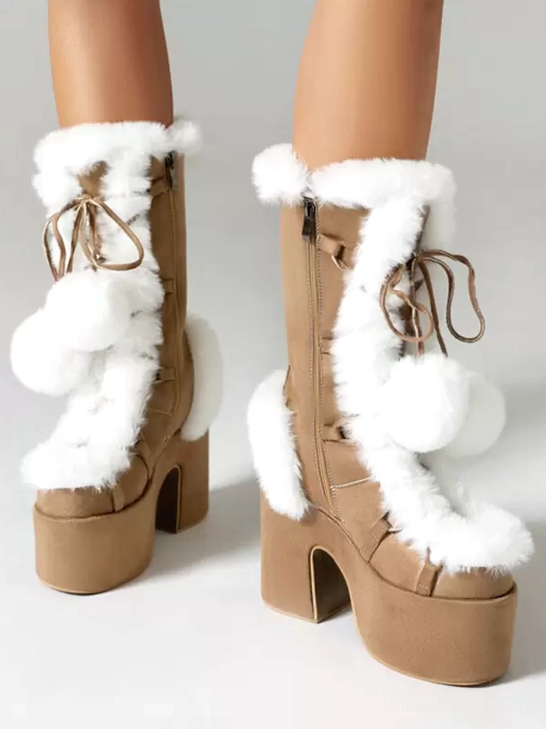 tan brown sweet lolita boots rear view white fuzzy fur trim pom-pom bows side zipper chunky heel