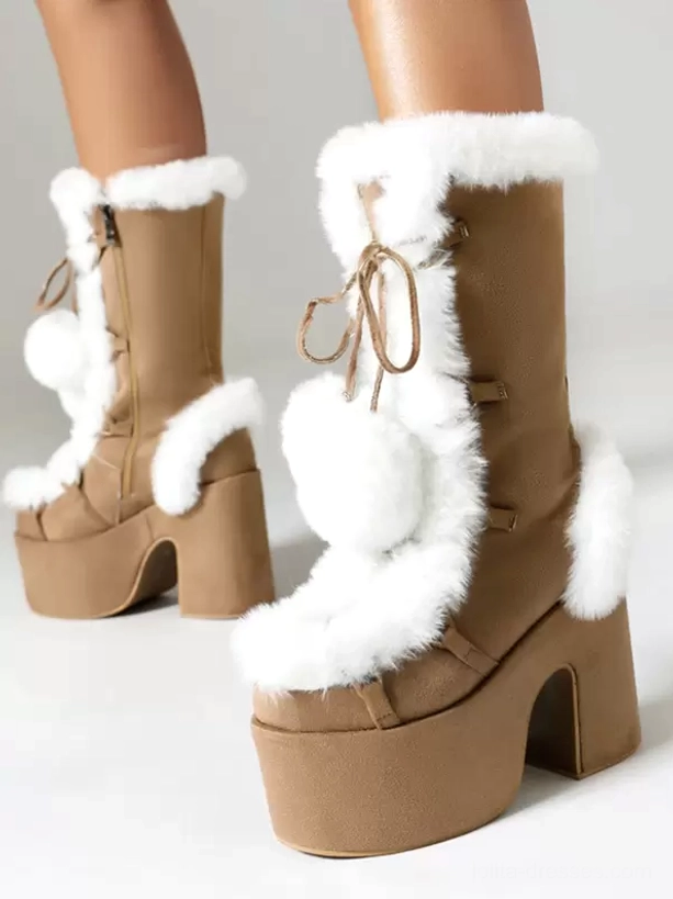 tan brown mid-calf lolita platform boots front view white fuzzy fur pom-pom bows lace-up cords