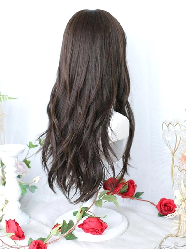 Back view of tan-brown long wavy lolita wig displaying full texture, loose cascading waves, and natural volume with rose floral decoration on mannequin head