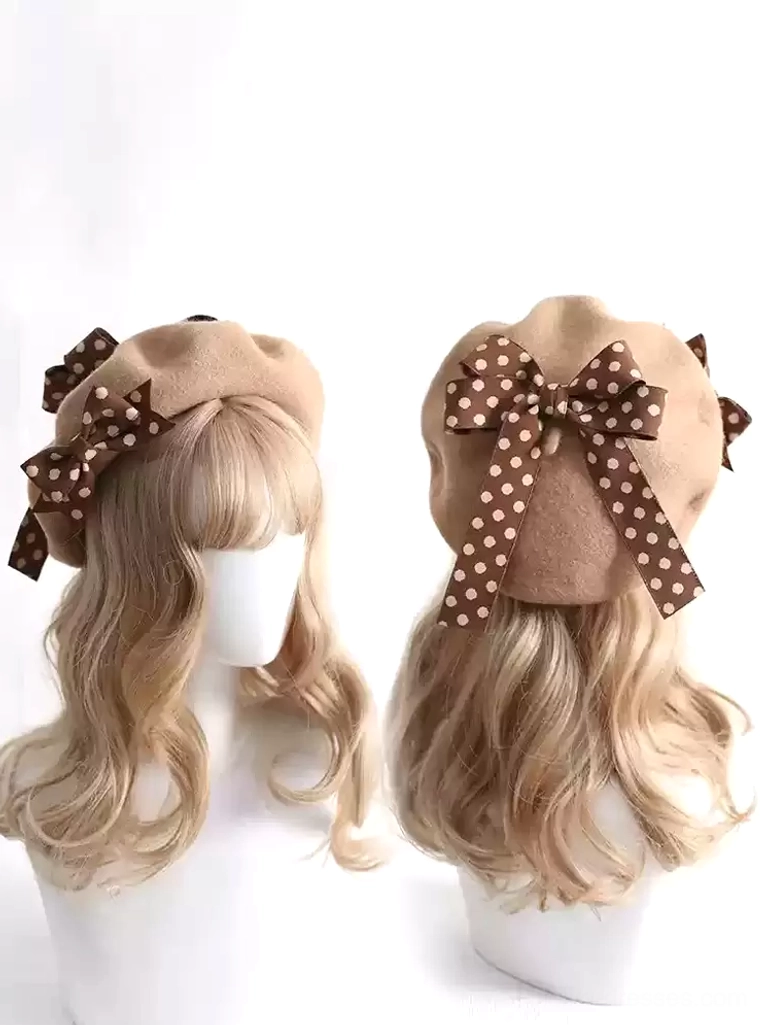 tan beige lolita beret with dark brown polka dot ribbon bow headwear front back display