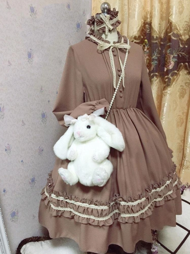Taupe Brown Classic Lolita OP Dress with Lace Ruffled Hem Stand Collar and Neck Bow Mannequin Display