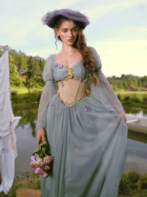 Teal lolita sweet dress with puff long sleeves and 3D dimensional flowers corset bodice front view holding bouquet
