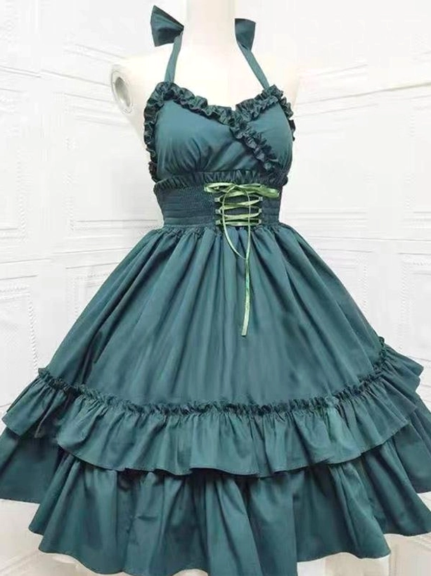 Teal green gothic lolita halter jumper dress with lace-up waist, halter bow and two-tier ruffled skirt design