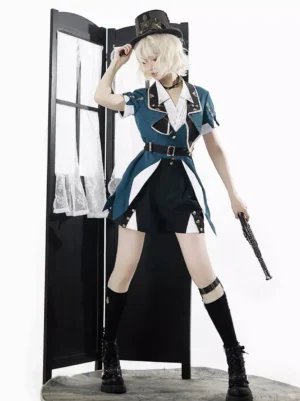 Ouji Lolita teal set full body front standing pose with vintage gun prop accessory, structured tailcoat top, color-blocking design, retro folding screen background