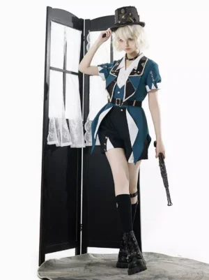 Teal military Ouji Lolita 2-piece set full front view on model wearing tailcoat top with asymmetric hem and high-waisted pleated shorts, gold trim details, vintage studio backdrop