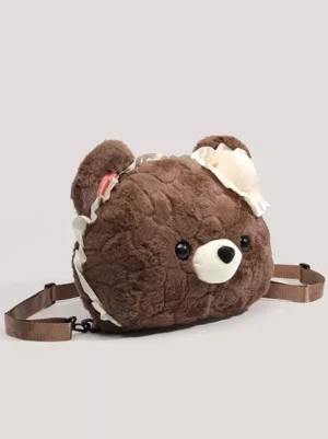 Kawaii bear lolita bag three-quarter angle showing side ruffled trim detachable carrying strap rounded cute plush design