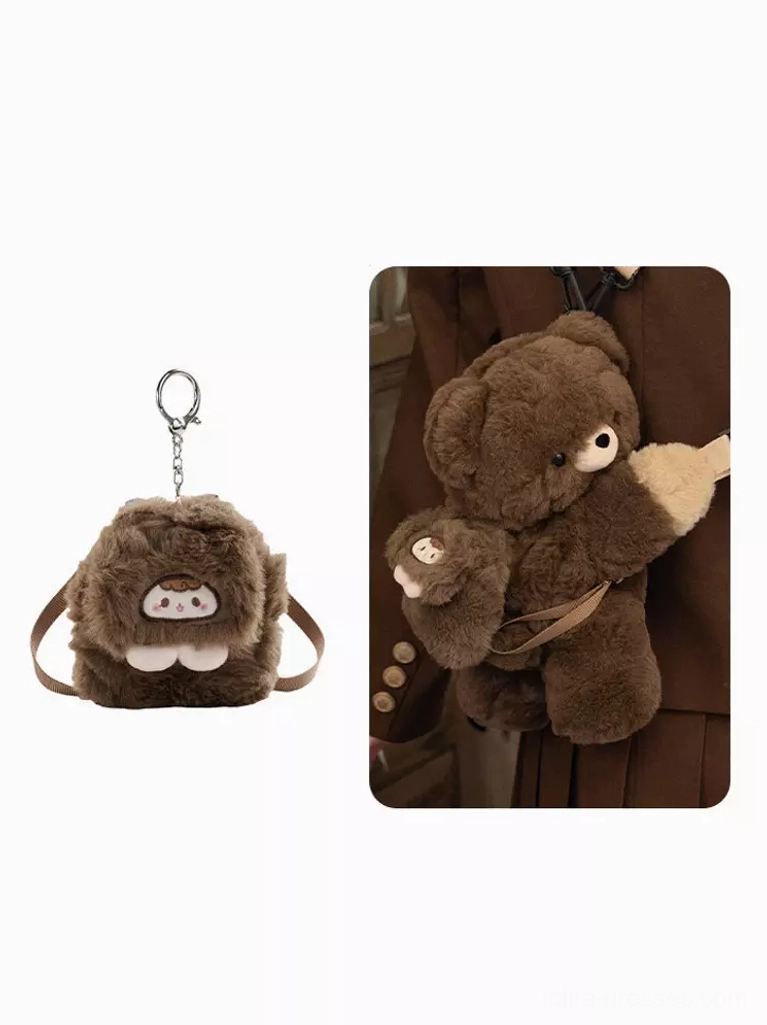 Detailed product showcase of brown teddy bear plush crossbody bag and matching mini plush coin purse with cute face and metal carrying loop