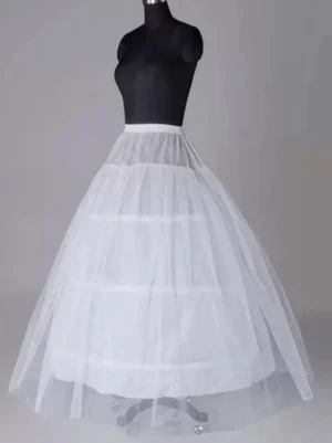 3-hoop petticoat front oblique angle displaying white sheer tulle fabric and visible metal support ring hoops on black dress form