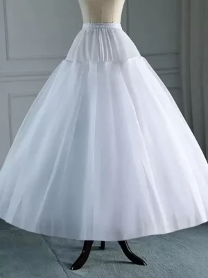 Tiered white lolita underskirt full flared silhouette front straight shot on mannequin displaying dimensional layered tulle construction