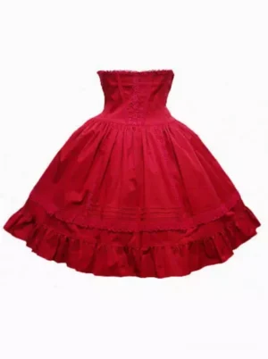 True red Classic Lolita cotton skirt two-tone ruffled lace hem gathered full skirt