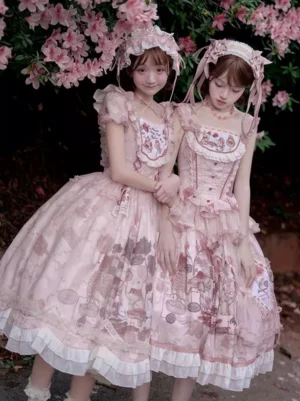 Twin models wearing matching pink sweet Lolita outfits with coordinating bonnet headdresses, square necklines, printed skirts, and matching ruffled hem edges in outdoor full-body standing pose