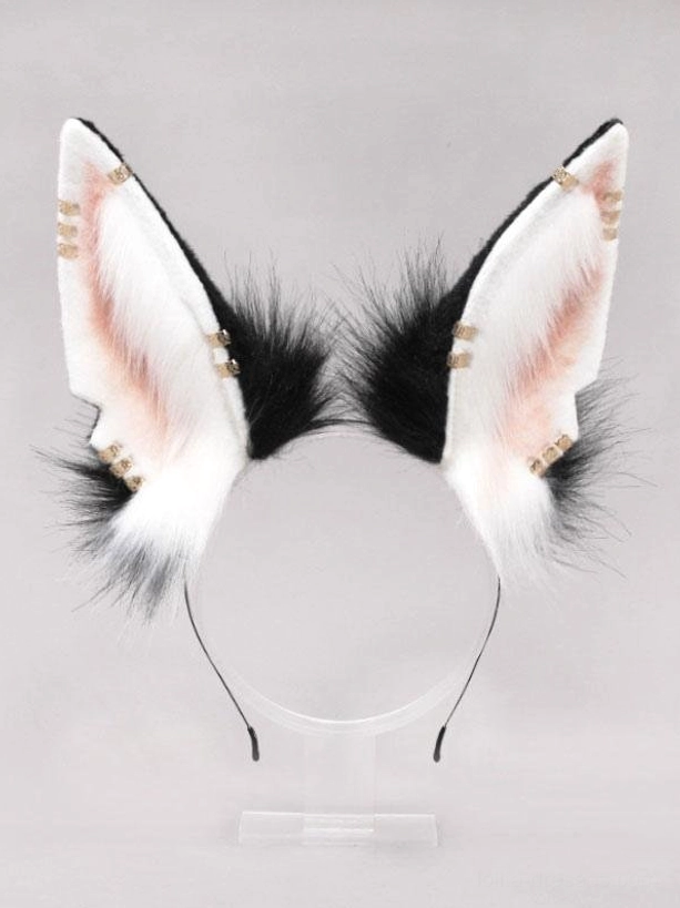 Two-tone pink and white animal ear headband with black fur accents on display stand, dual-color lolita ear accessory featuring white outer plush and light pink inner ear design