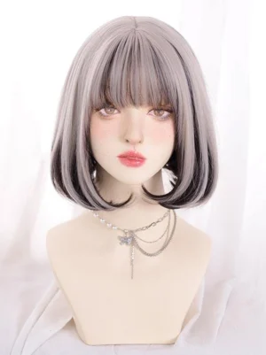 Two-tone sweet lolita bob wig with gray base and black hair tips, front view showing straight blunt bangs and chin-length cut on mannequin bust