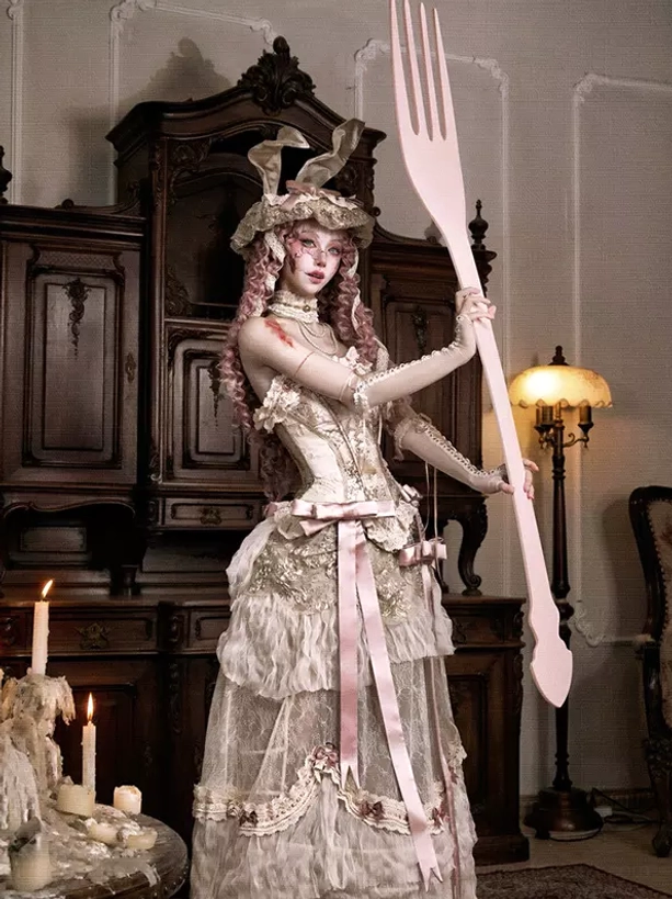 Victorian ivory lolita dress with tiered lace skirt, pink ribbon details and long gloves, styled with bunny hat demonstrating full coordinate