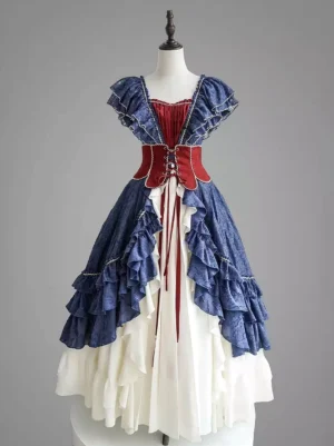 Victorian Lolita fairy dress flat lay product display square neckline ruffled short sleeves red corset waist panel lace trim studio view