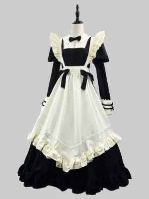 Victorian maid lolita maxi dress front view showcasing black and cream two-tone design with ruffled apron skirt, puffed long sleeves with bow necktie, displayed on dress form mannequin