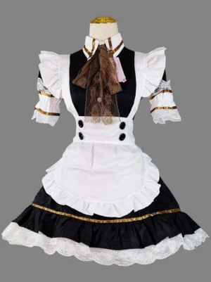 Front full view of Victorian maid lolita dress with brown lace neck bow, white ruffled apron, and gold stripe trims displayed on dress form