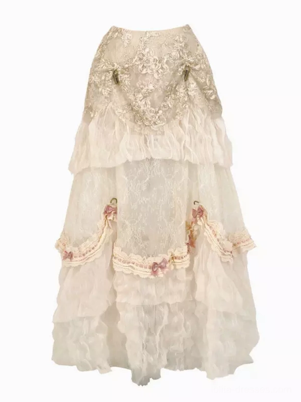 Victorian revival ivory lolita half skirt silhouette and drape demonstration, showcasing architectural bustle structure and elegant movement
