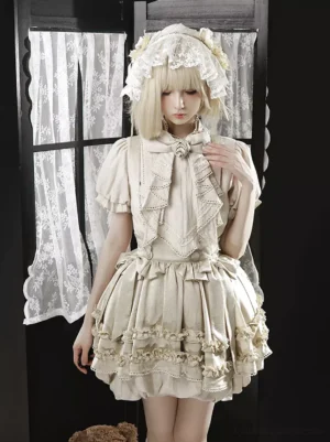 White vintage bear classic lolita tiered ruffle puff sleeve suspender skirt set full front view with model wearing beige lace headdress