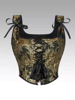 Vintage black and gold jacquard lolita corset top with black lace-up front closure and ribbon bow straps on white background, front flat lay view