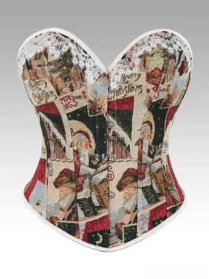 Vintage Christmas print corset front view with heart-shaped lace neckline, hook fasteners, and retro holiday tapestry patterns on light apricot background