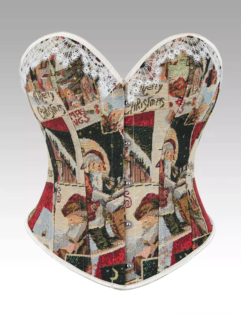Vintage Christmas print corset front view with heart-shaped lace neckline, hook fasteners, and retro holiday tapestry patterns on light apricot background