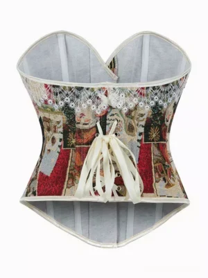 Vintage Christmas print corset back view featuring cream ribbon lace-up closure, delicate lace trim at neckline, and light grey inner lining detail